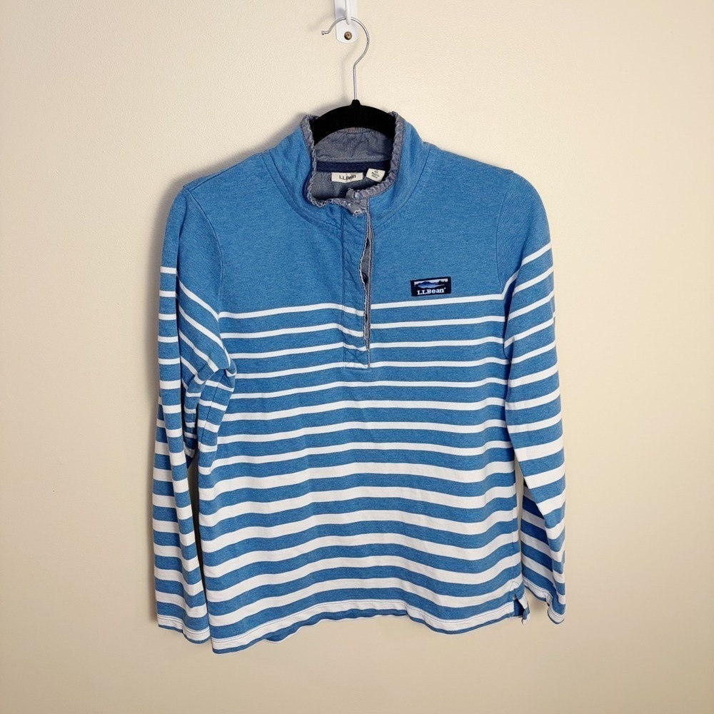 LL Bean Pullover Women S Blue White Striped Logo Button Mock Neck Sweatshirt - Picture 8 of 8